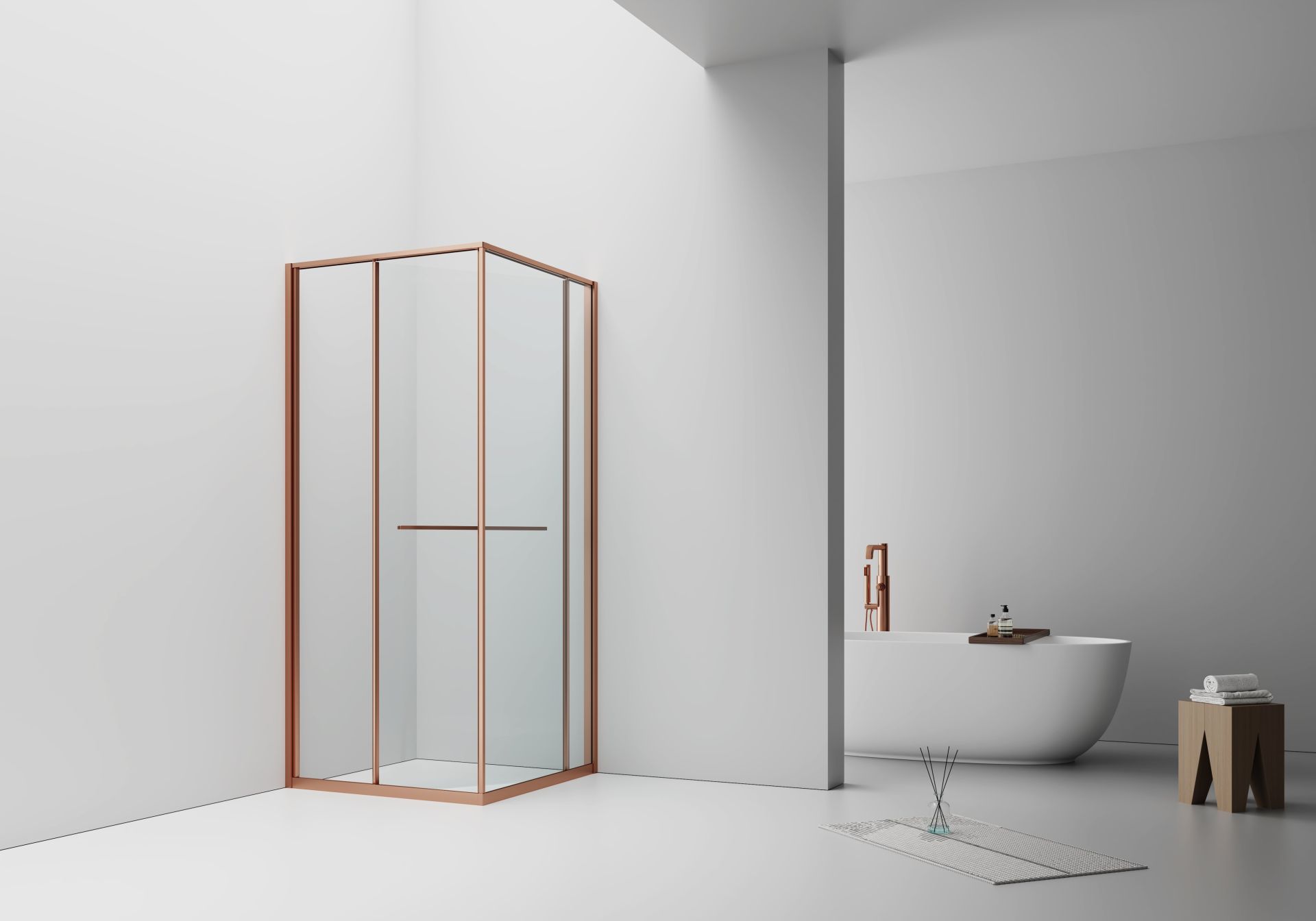 Cabine de douche Inslide porte coulissante intérieure Aloni – 90 × 90 cm – Cuivre brossé, verre transparent