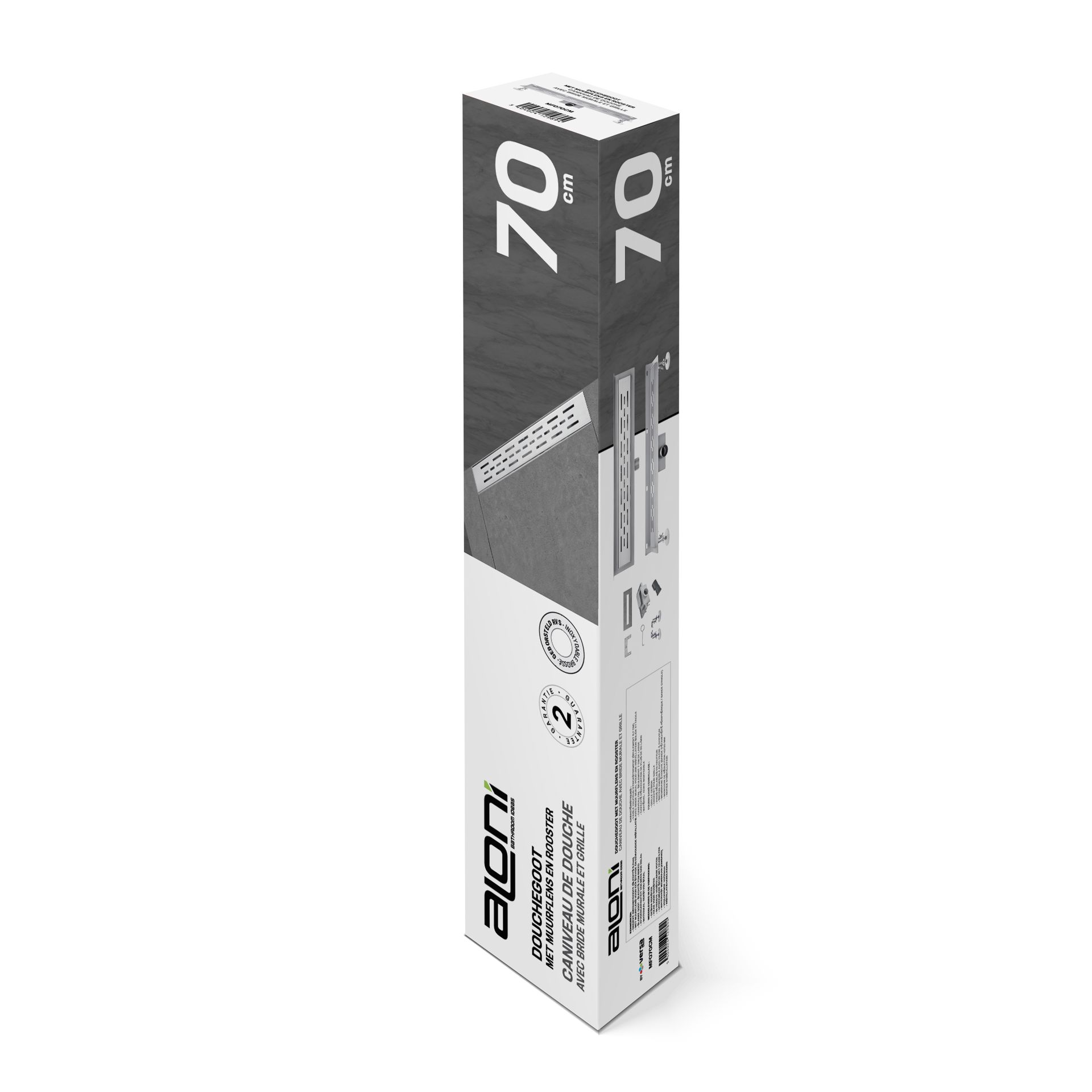 Caniveau de douche Aloni à bride murale avec grille – 80 × 11 cm – Inox brossé, acier inoxydable