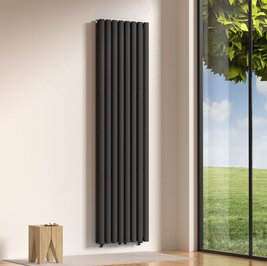 Radiateur vertical Verti Oval double (2×8 éléments) – 1800 × 480 mm – 1 640 W – noir mat