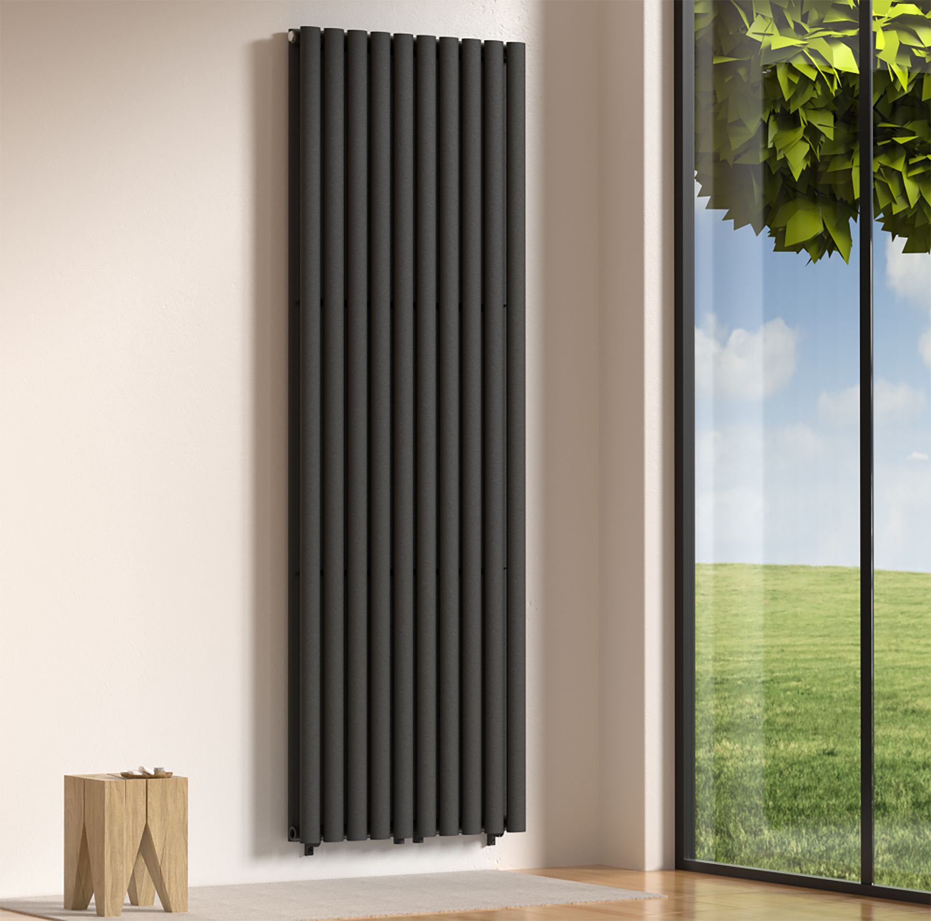 Radiateur vertical Verti Oval double (2×10 éléments) – 1800 × 600 mm – 2 050 W – noir mat