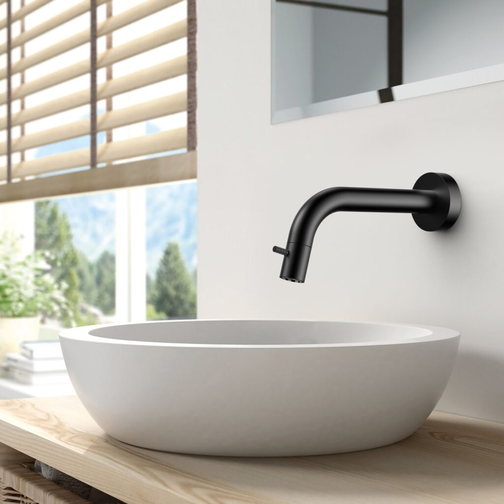 Robinet d'eau froide Stria – montage mural raccourcissable – bouton strié – sans bonde – noir mat (PVD)