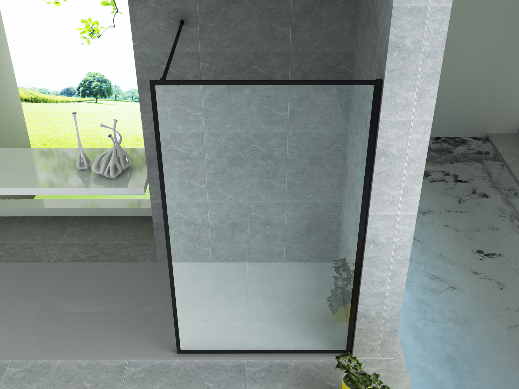 ALONI DOUCHE À L’ITALIENNE AVEC CADRE - 900X2000MM - NOIR MAT-VERRE CLAIR
