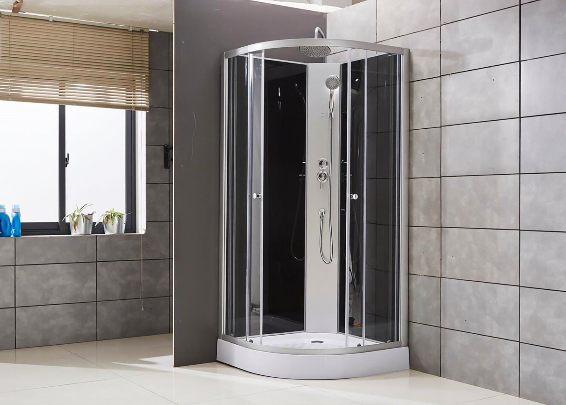 Cabine de douche complète quart de rond avec douche de pluie Aloni – 90 × 220 cm – Chrome mat, verre transparent