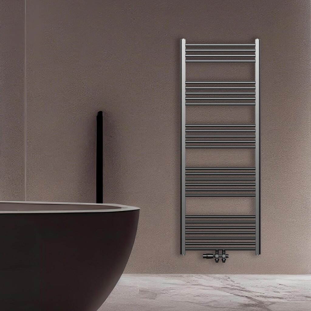 Sèche-serviettes Belrad – gunmetal – 1600 × 600 mm – 557 W – raccordement latéral ou central