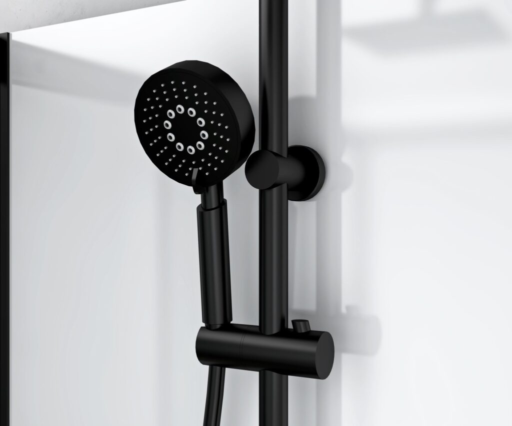 Cabine de douche complète Rimo porte pivotante – 90 × 90 cm – Noir mat, verre transparent